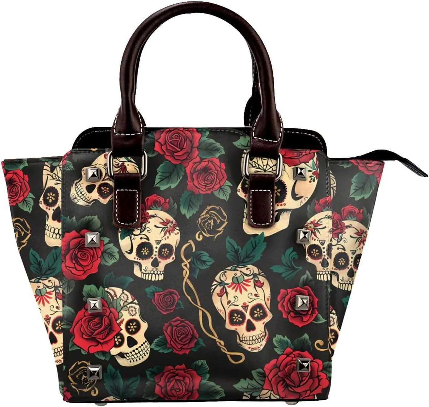Leather Shoulder Bag for Women, Skull Rose Studded Purse Sugar Skull Flower Crossbody Handbags Punk Hobo Bag with Adjustable Strap