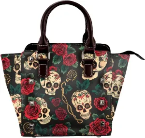 Leather Shoulder Bag for Women, Skull Rose Studded Purse Sugar Skull Flower Crossbody Handbags Punk Hobo Bag with Adjustable Strap