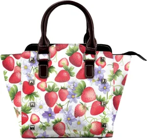 Leather Shoulder Bag for Women, Strawberries Flower Studded Purse Floral Fruit Crossbody Handbags Punk Hobo Bag with Adjustable Strap