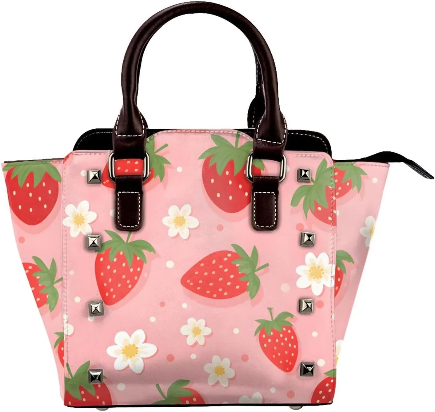 Leather Shoulder Bag for Women, Strawberry Floral Studded Purse Floral Pattern Crossbody Handbags Punk Hobo Bag with Adjustable Strap