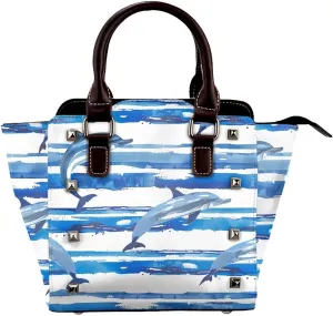 Leather Shoulder Bag for Women, Stripe Dolphin Studded Purse Sea Ocean Crossbody Handbags Punk Hobo Bag with Adjustable Strap