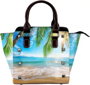 Leather Shoulder Bag for Women, Summer Beach Studded Purse Sea Ocean Crossbody Handbags Punk Hobo Bag with Adjustable Strap