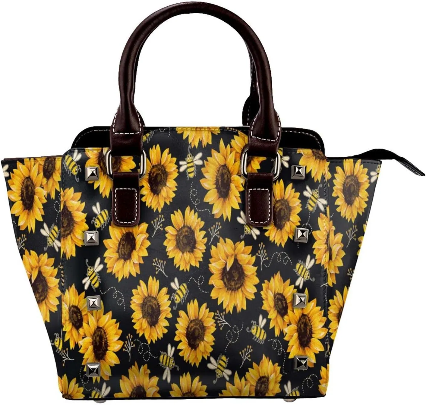 Leather Shoulder Bag for Women, Sunflower Bee Studded Purse Flower Floral Crossbody Handbags Punk Hobo Bag with Adjustable Strap