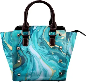 Leather Shoulder Bag for Women, Teal Marble Studded Purse Abstract Texture Crossbody Handbags Punk Hobo Bag with Adjustable Strap