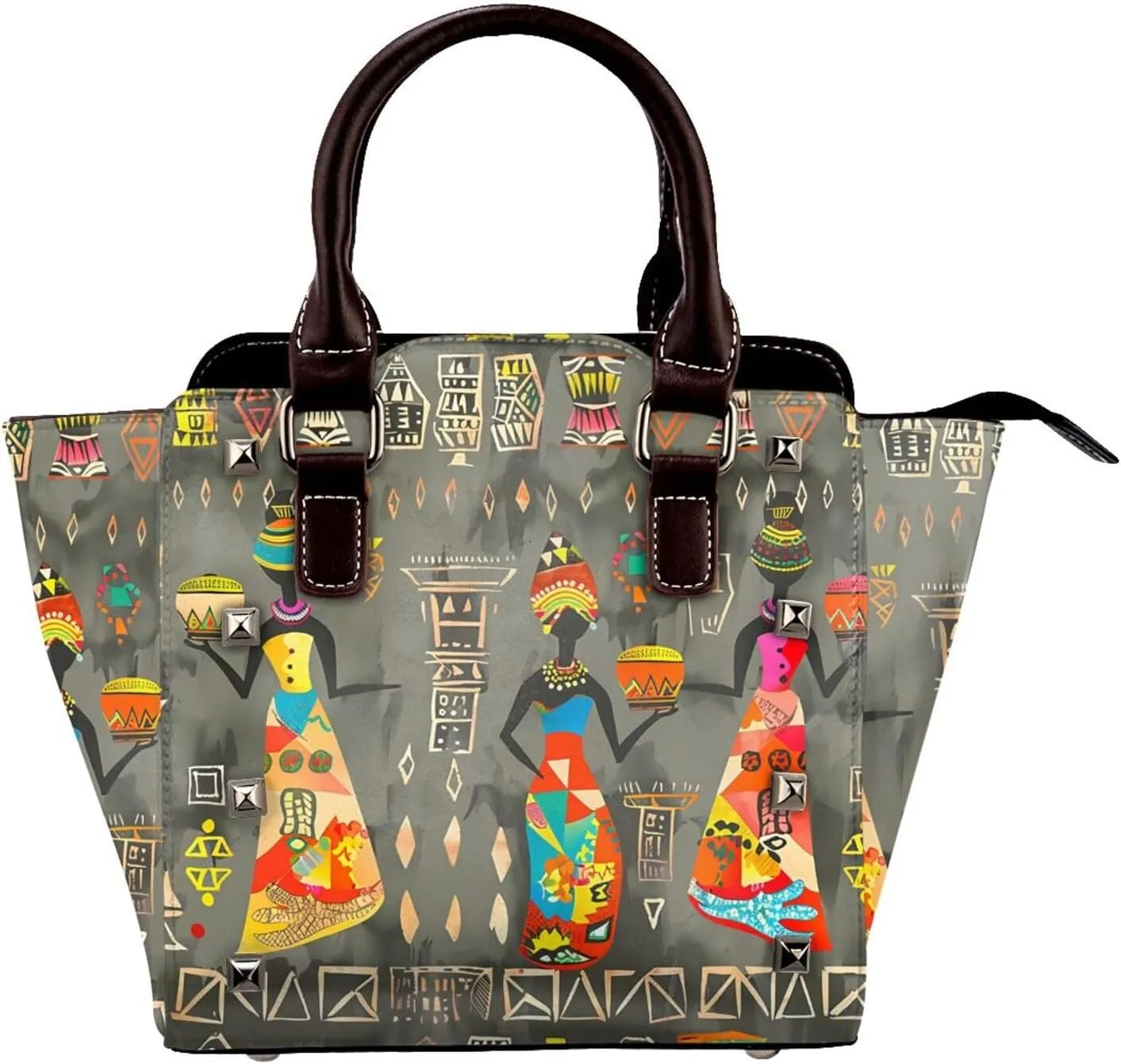 Leather Shoulder Bag for Women, Traditional Colorful Studded Purse African Women Crossbody Handbags Punk Hobo Bag with Adjustable Strap