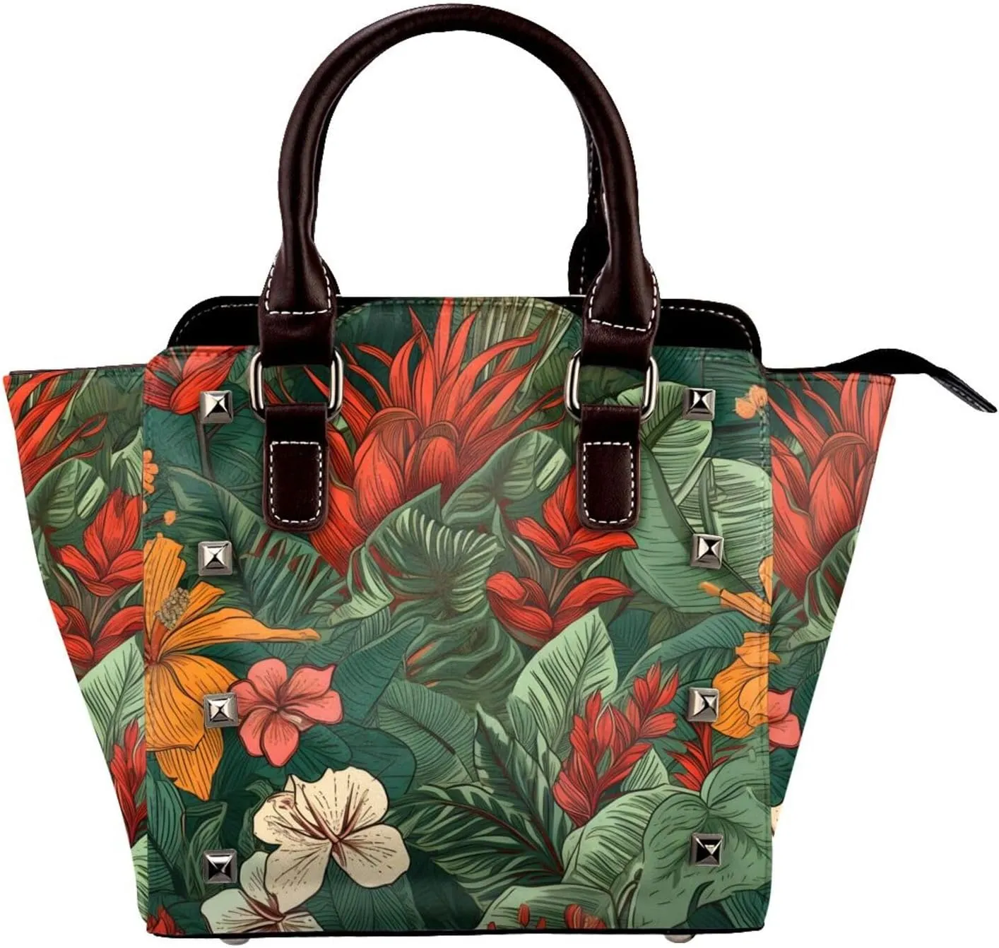 Leather Shoulder Bag for Women, Tropical Jungle Flower Studded Purse Palm Leaves Crossbody Handbags Punk Hobo Bag with Adjustable Strap