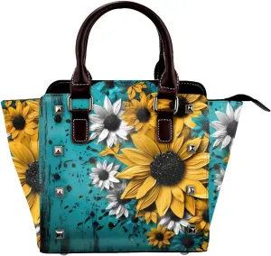 Leather Shoulder Bag for Women, Turquoise Wooden Sunflower Studded Purse Vintage Crossbody Handbags Punk Hobo Bag with Adjustable Strap