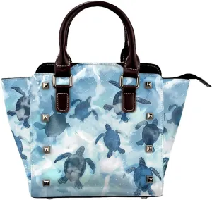 Leather Shoulder Bag for Women, Turtle Sea Studded Purse Ocean Animal Crossbody Handbags Punk Hobo Bag with Adjustable Strap