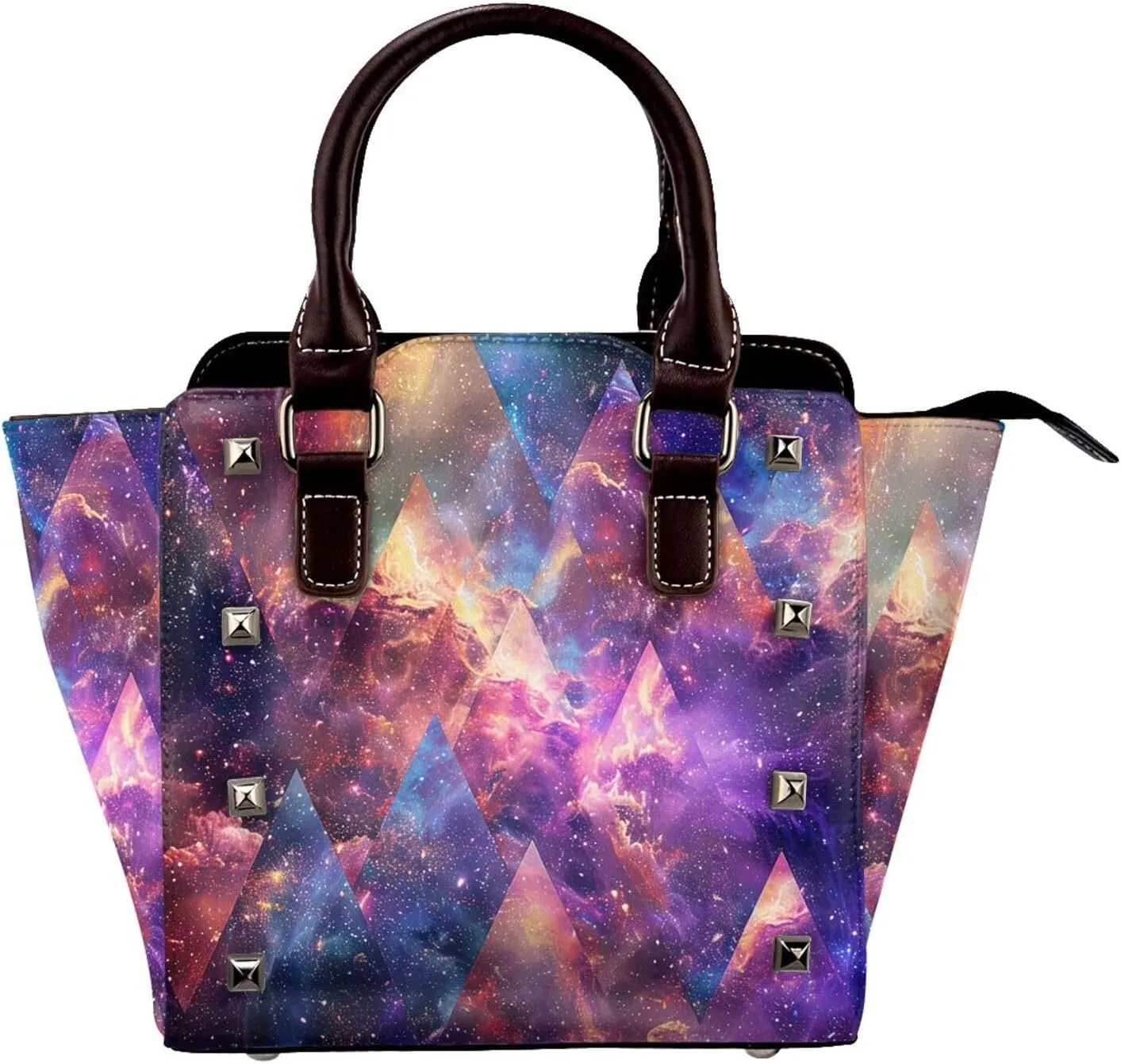 Leather Shoulder Bag for Women, Universe Art Studded Purse Galaxy Nebula Crossbody Handbags Punk Hobo Bag with Adjustable Strap