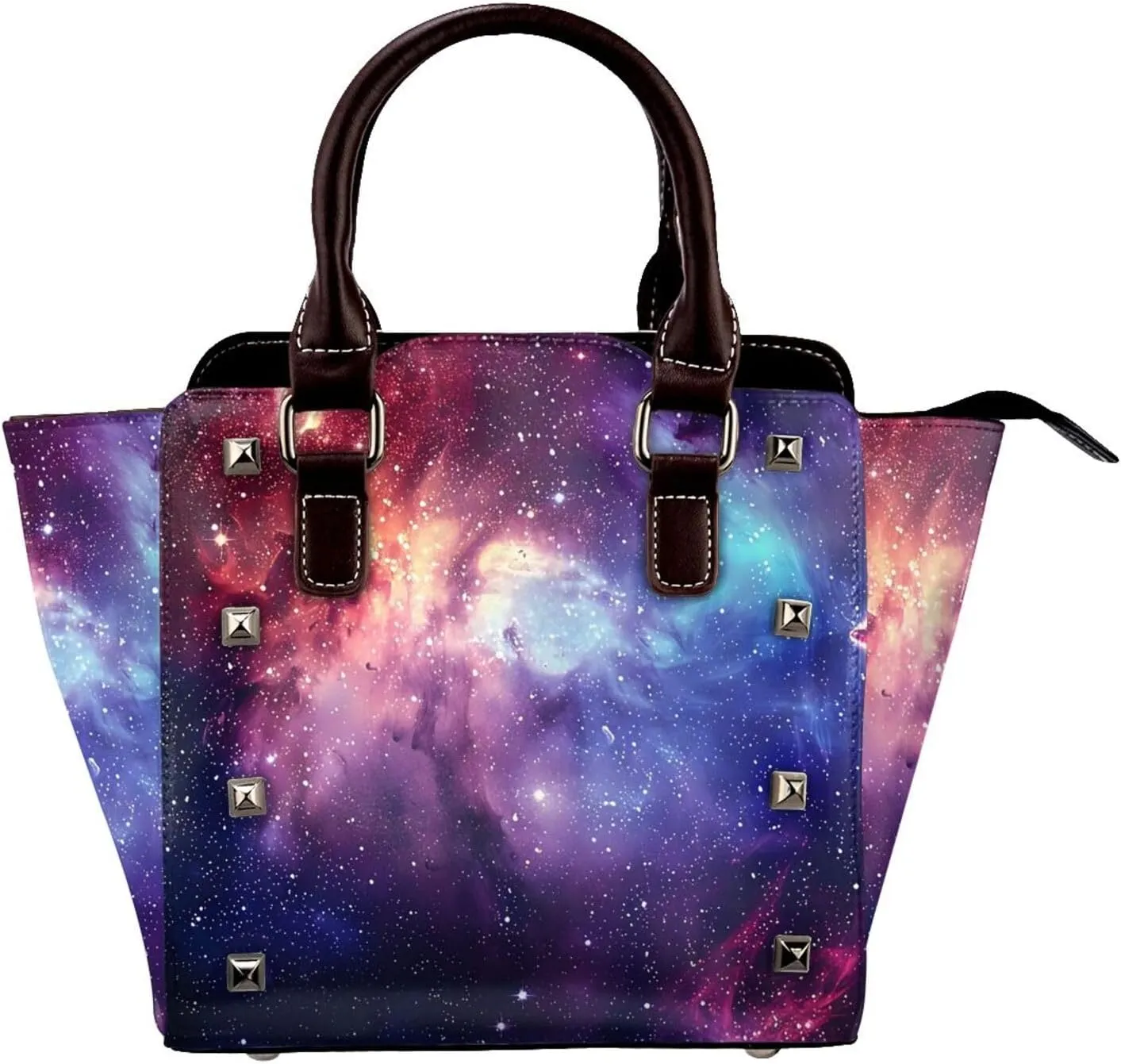 Leather Shoulder Bag for Women, Universe Nebula Studded Purse Space Star Crossbody Handbags Punk Hobo Bag with Adjustable Strap