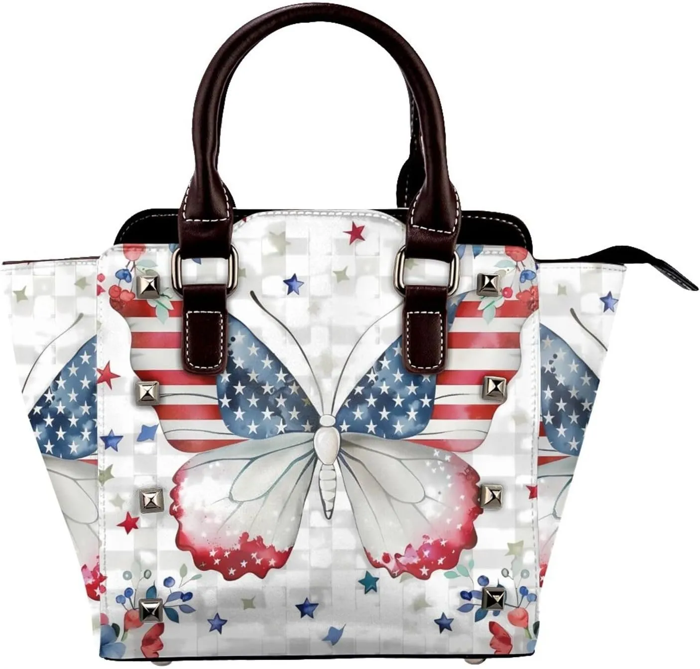Leather Shoulder Bag for Women, Usa Flag Butterfly Studded Purse Flower Star Crossbody Handbags Punk Hobo Bag with Adjustable Strap