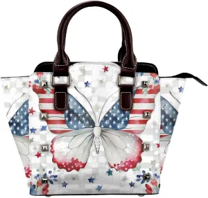 Leather Shoulder Bag for Women, Usa Flag Butterfly Studded Purse Flower Star Crossbody Handbags Punk Hobo Bag with Adjustable Strap