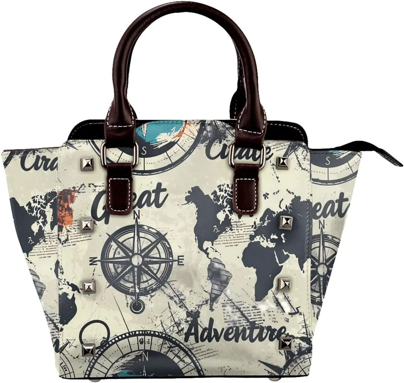 Leather Shoulder Bag for Women, Vintage Compass Studded Purse Anchor Navigation Crossbody Handbags Punk Hobo Bag with Adjustable Strap
