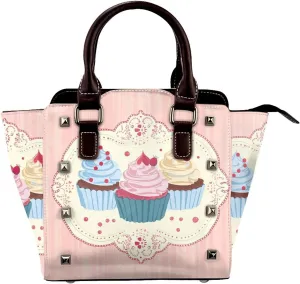 Leather Shoulder Bag for Women, Vintage Cupcake Studded Purse Dessert Crossbody Handbags Punk Hobo Bag with Adjustable Strap