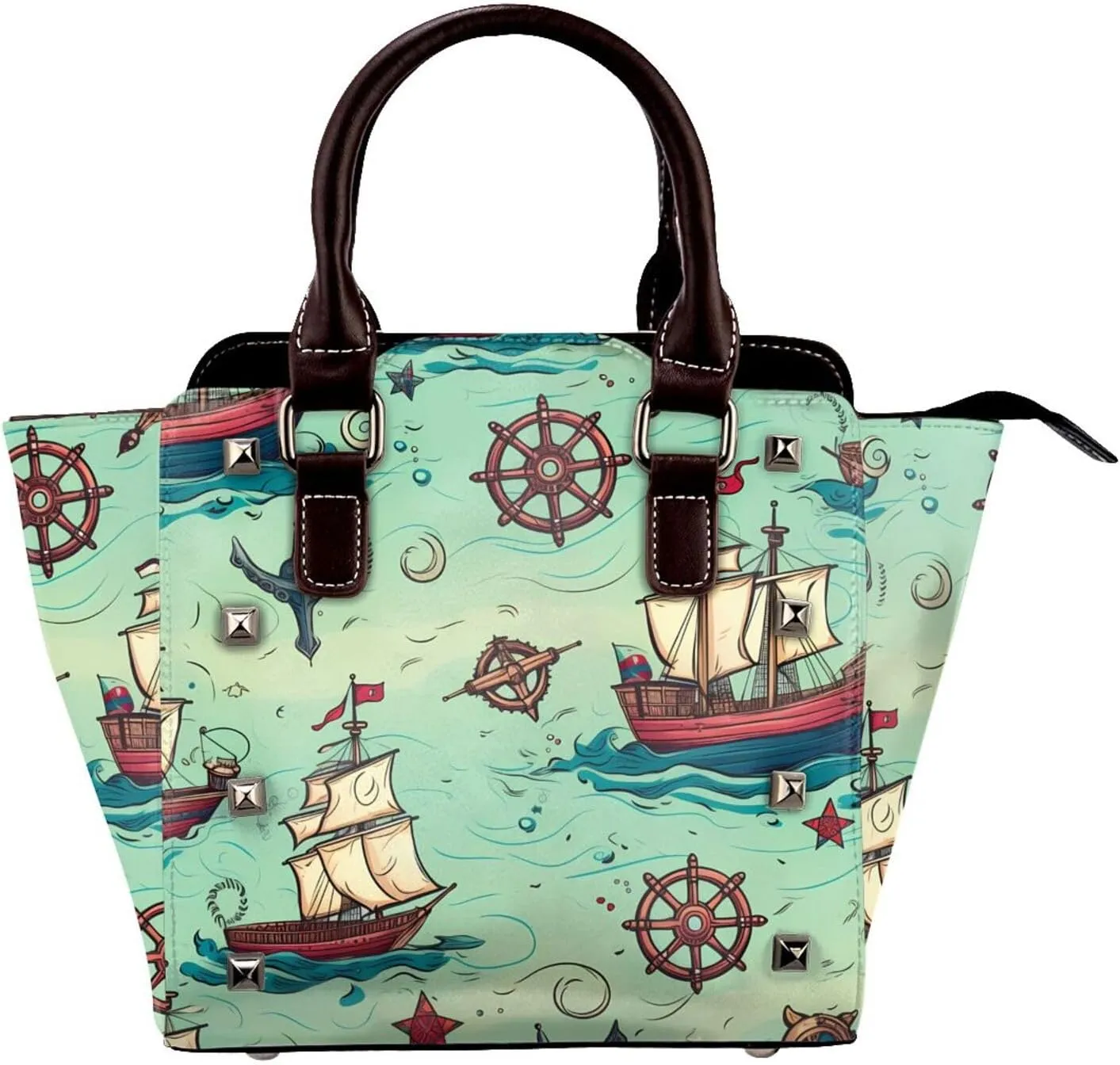 Leather Shoulder Bag for Women, Vintage Ship Rudder Studded Purse Ocean Compass Crossbody Handbags Punk Hobo Bag with Adjustable Strap