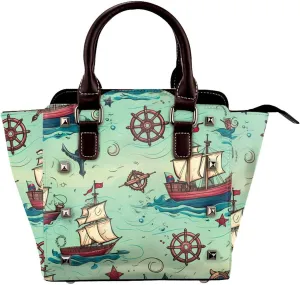Leather Shoulder Bag for Women, Vintage Ship Rudder Studded Purse Ocean Compass Crossbody Handbags Punk Hobo Bag with Adjustable Strap