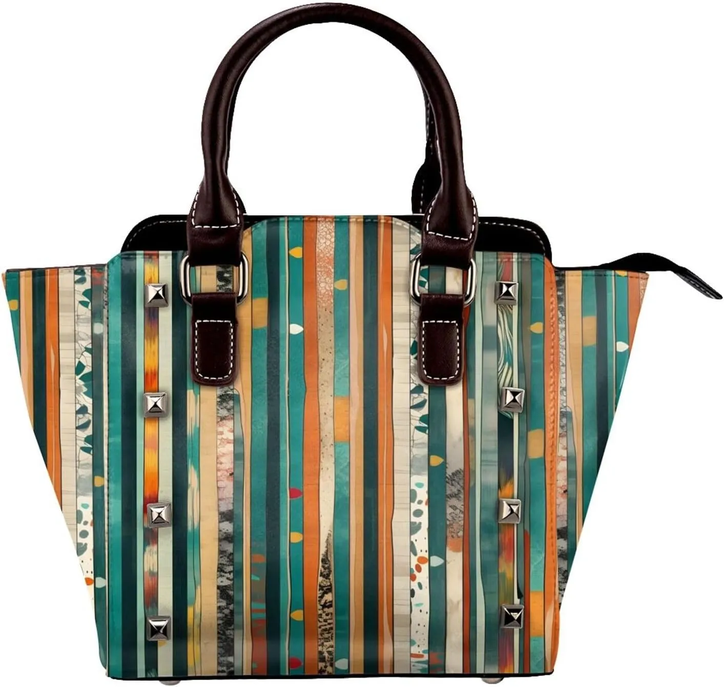 Leather Shoulder Bag for Women, Vintage Wooden Board Studded Purse Ethnic Aztec Crossbody Handbags Punk Hobo Bag with Adjustable Strap