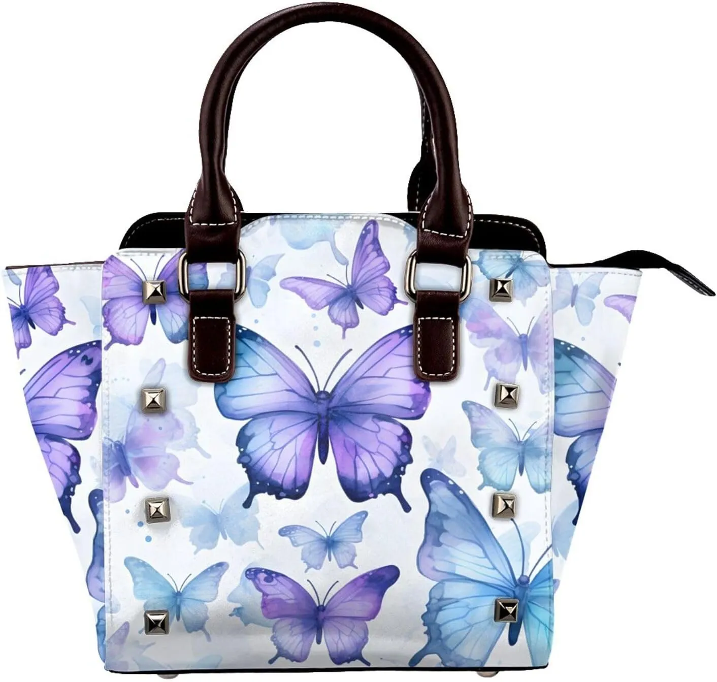 Leather Shoulder Bag for Women, Watercolor Butterflies Studded Purse Spring Crossbody Handbags Punk Hobo Bag with Adjustable Strap