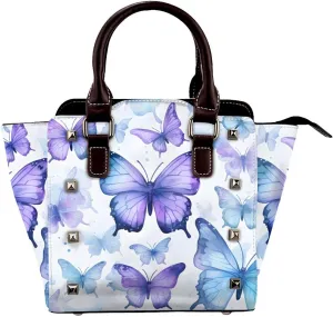 Leather Shoulder Bag for Women, Watercolor Butterflies Studded Purse Spring Crossbody Handbags Punk Hobo Bag with Adjustable Strap