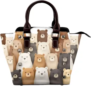 Leather Shoulder Bag for Women, Watercolor Forest Bear Studded Purse Wild Animal Crossbody Handbags Punk Hobo Bag with Adjustable Strap