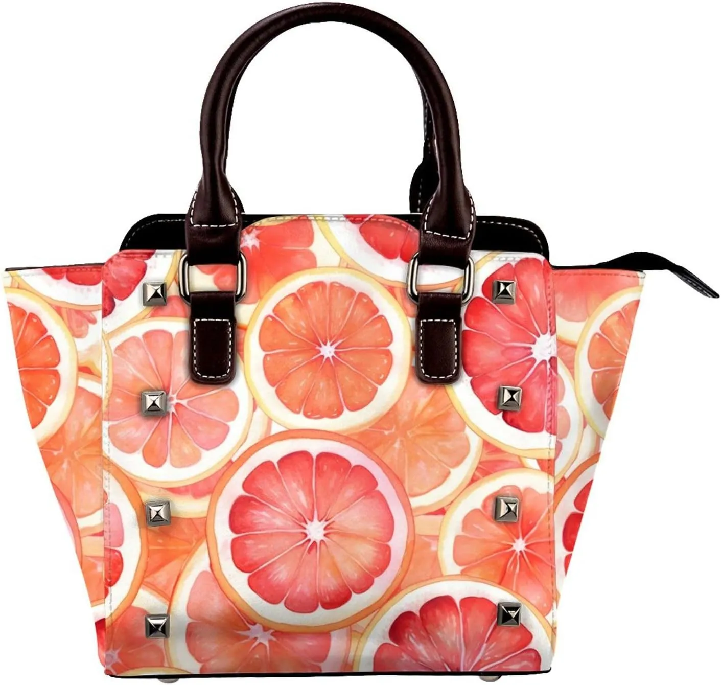 Leather Shoulder Bag for Women, Watercolor Orange Studded Purse Fruit Lemon Crossbody Handbags Punk Hobo Bag with Adjustable Strap