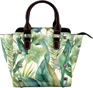Leather Shoulder Bag for Women, Watercolor Palm Leaves Studded Purse Tropical Jungle Crossbody Handbags Punk Hobo Bag with Adjustable Strap