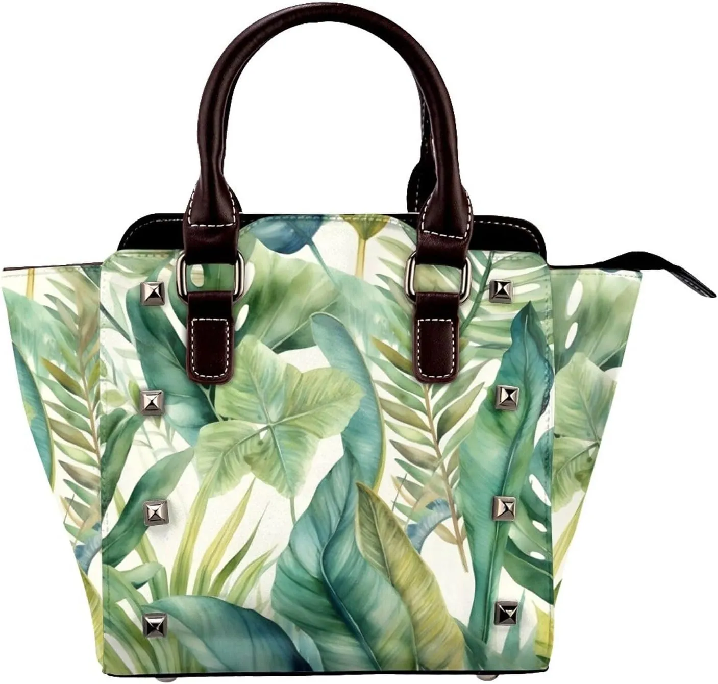 Leather Shoulder Bag for Women, Watercolor Palm Leaves Studded Purse Tropical Jungle Crossbody Handbags Punk Hobo Bag with Adjustable Strap