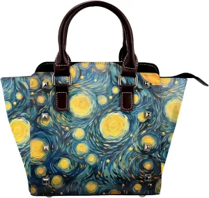 Leather Shoulder Bag for Women, Watercolor Starry Sky Studded Purse Galaxy Abstract Crossbody Handbags Punk Hobo Bag with Adjustable Strap