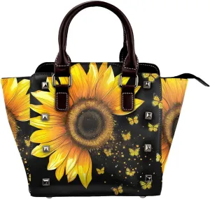 Leather Shoulder Bag for Women, Watercolor Sunflower Butterfly Studded Purse Floral Crossbody Handbags Punk Hobo Bag with Adjustable Strap