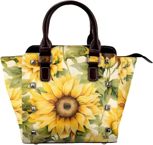Leather Shoulder Bag for Women, Watercolor Sunflowers Studded Purse Yellow Flower Crossbody Handbags Punk Hobo Bag with Adjustable Strap