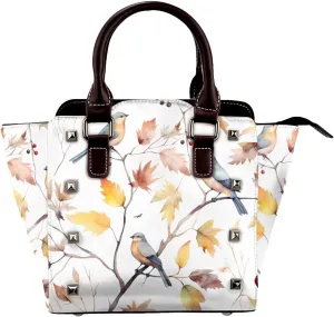 Leather Shoulder Bag for Women, Watercolour Birds On Branch Studded Purse Vintage Autumn Tree Crossbody Handbags Punk Hobo Bag with Adjustable Strap