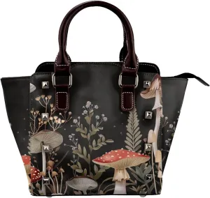 Leather Shoulder Bag for Women, Whimsical Mushroom Studded Purse Wild Plant Crossbody Handbags Punk Hobo Bag with Adjustable Strap