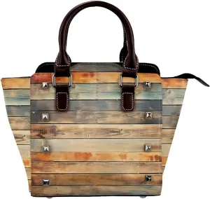 Leather Shoulder Bag for Women, Wood Vintage Studded Purse Rustic Wood Crossbody Handbags Punk Hobo Bag with Adjustable Strap