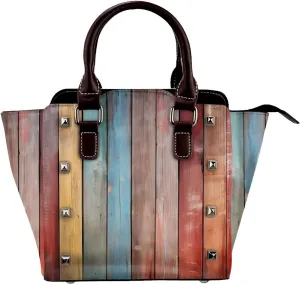 Leather Shoulder Bag for Women, Wooden Wall Texture Studded Purse Color Barn Crossbody Handbags Punk Hobo Bag with Adjustable Strap