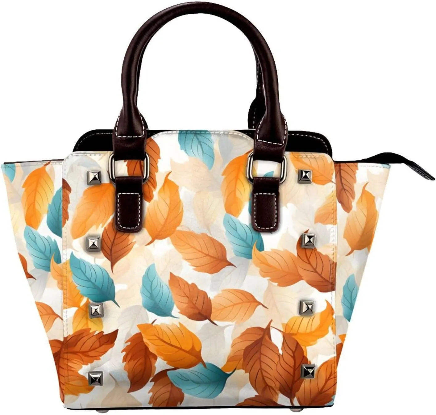 Leather Shoulder Bag for Women, Yellow Leaves Studded Purse Colorful Leaf Crossbody Handbags Punk Hobo Bag with Adjustable Strap