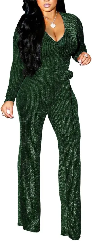 LightlyKiss Women Casual Sexy V Neck Sparkly Jumpsuits Long Sleeve Onesie Loose Pants Party Clubwear with Belt
