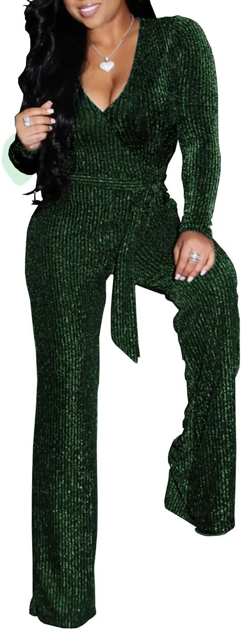 LightlyKiss Women Casual Sexy V Neck Sparkly Jumpsuits Long Sleeve Onesie Loose Pants Party Clubwear with Belt