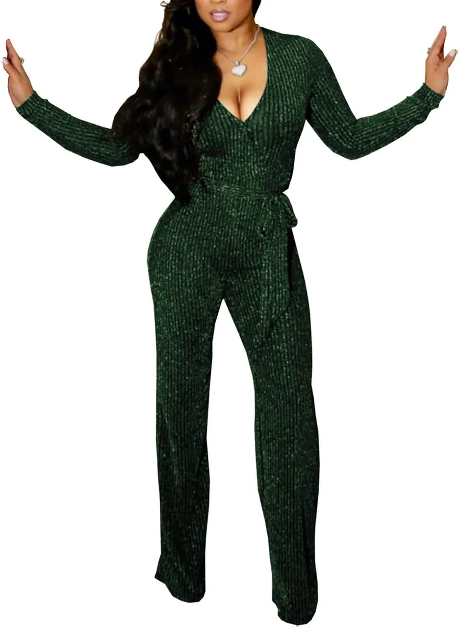 LightlyKiss Women Casual Sexy V Neck Sparkly Jumpsuits Long Sleeve Onesie Loose Pants Party Clubwear with Belt