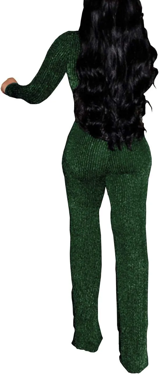 LightlyKiss Women Casual Sexy V Neck Sparkly Jumpsuits Long Sleeve Onesie Loose Pants Party Clubwear with Belt
