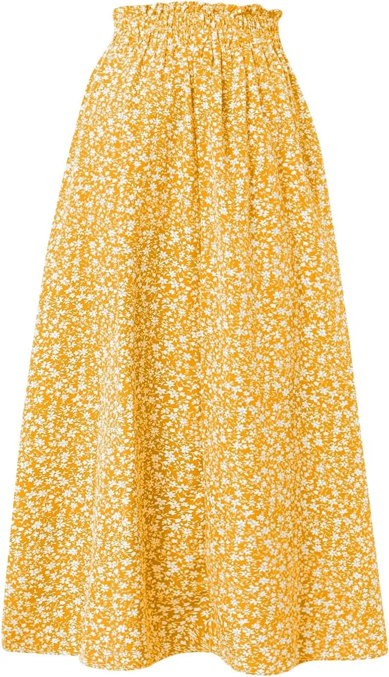 Linen Skirt for Women Summer Drawstring High Waisted Midi Skirt Smocked A Line Dressy Skirts Knee Length with Pockets