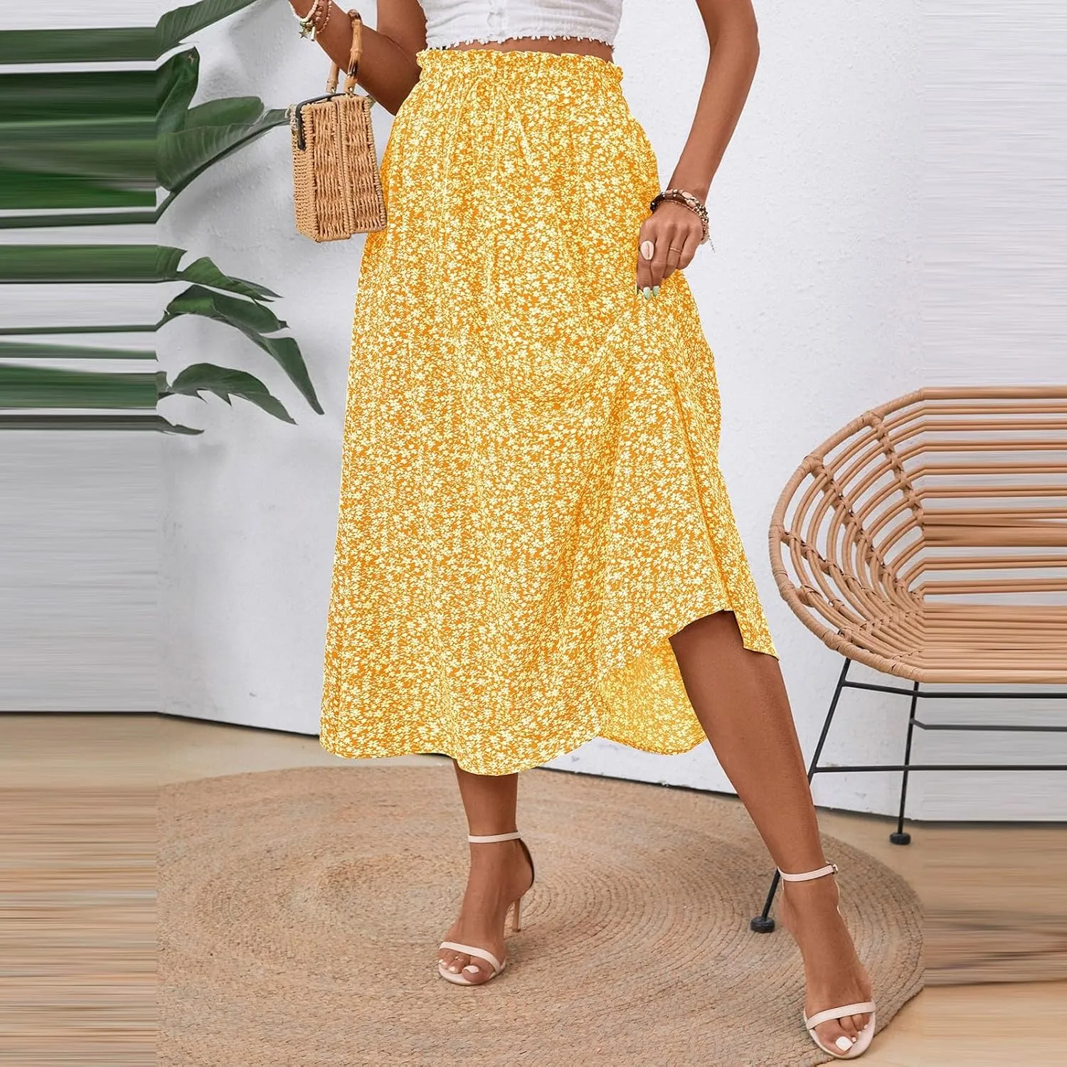 Linen Skirt for Women Summer Drawstring High Waisted Midi Skirt Smocked A Line Dressy Skirts Knee Length with Pockets