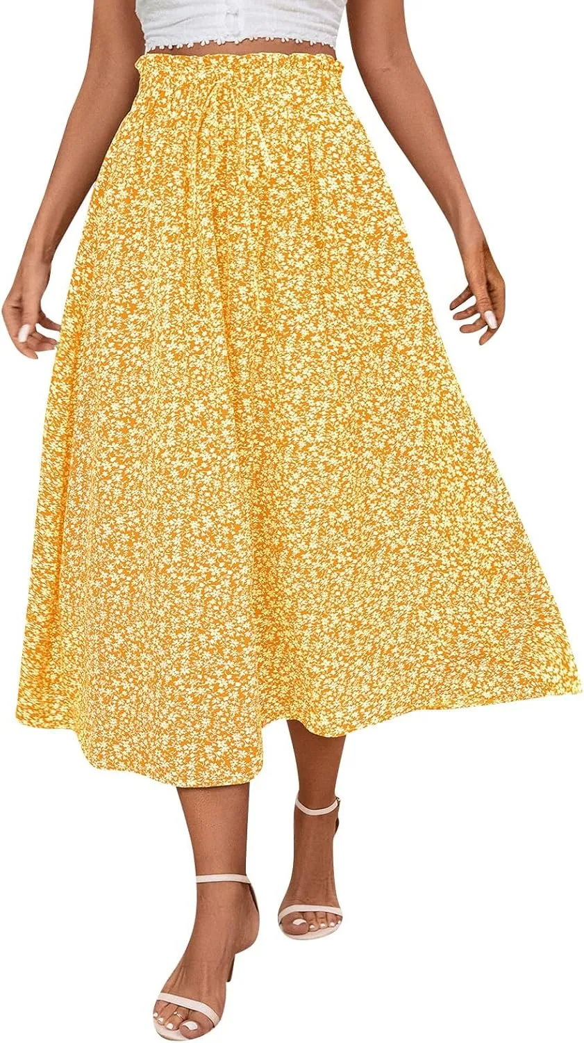 Linen Skirt for Women Summer Drawstring High Waisted Midi Skirt Smocked A Line Dressy Skirts Knee Length with Pockets