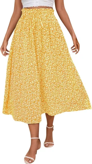 Linen Skirt for Women Summer Drawstring High Waisted Midi Skirt Smocked A Line Dressy Skirts Knee Length with Pockets