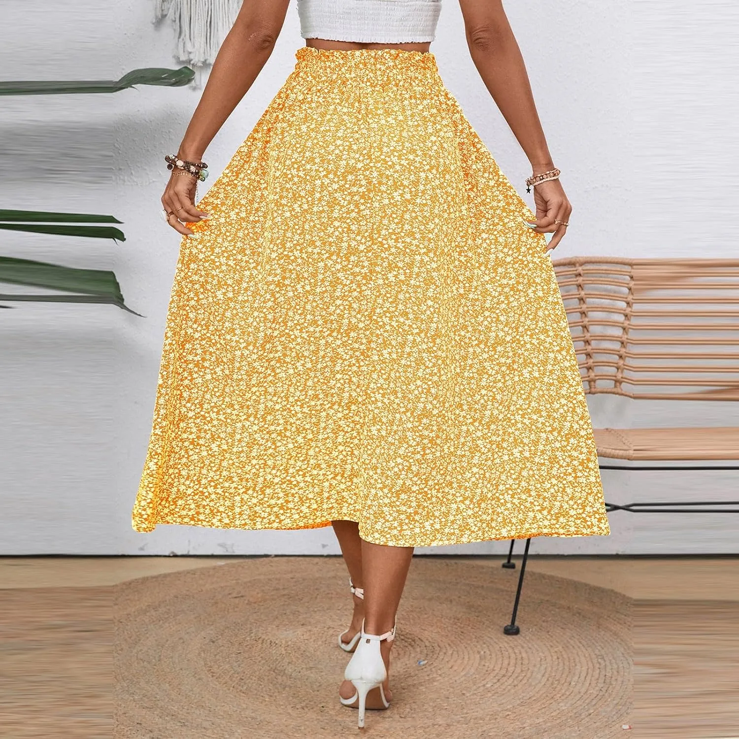 Linen Skirt for Women Summer Drawstring High Waisted Midi Skirt Smocked A Line Dressy Skirts Knee Length with Pockets