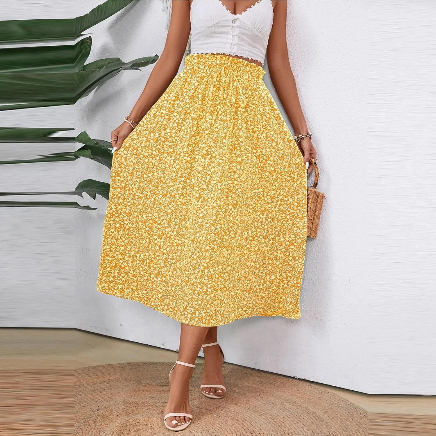Linen Skirt for Women Summer Drawstring High Waisted Midi Skirt Smocked A Line Dressy Skirts Knee Length with Pockets