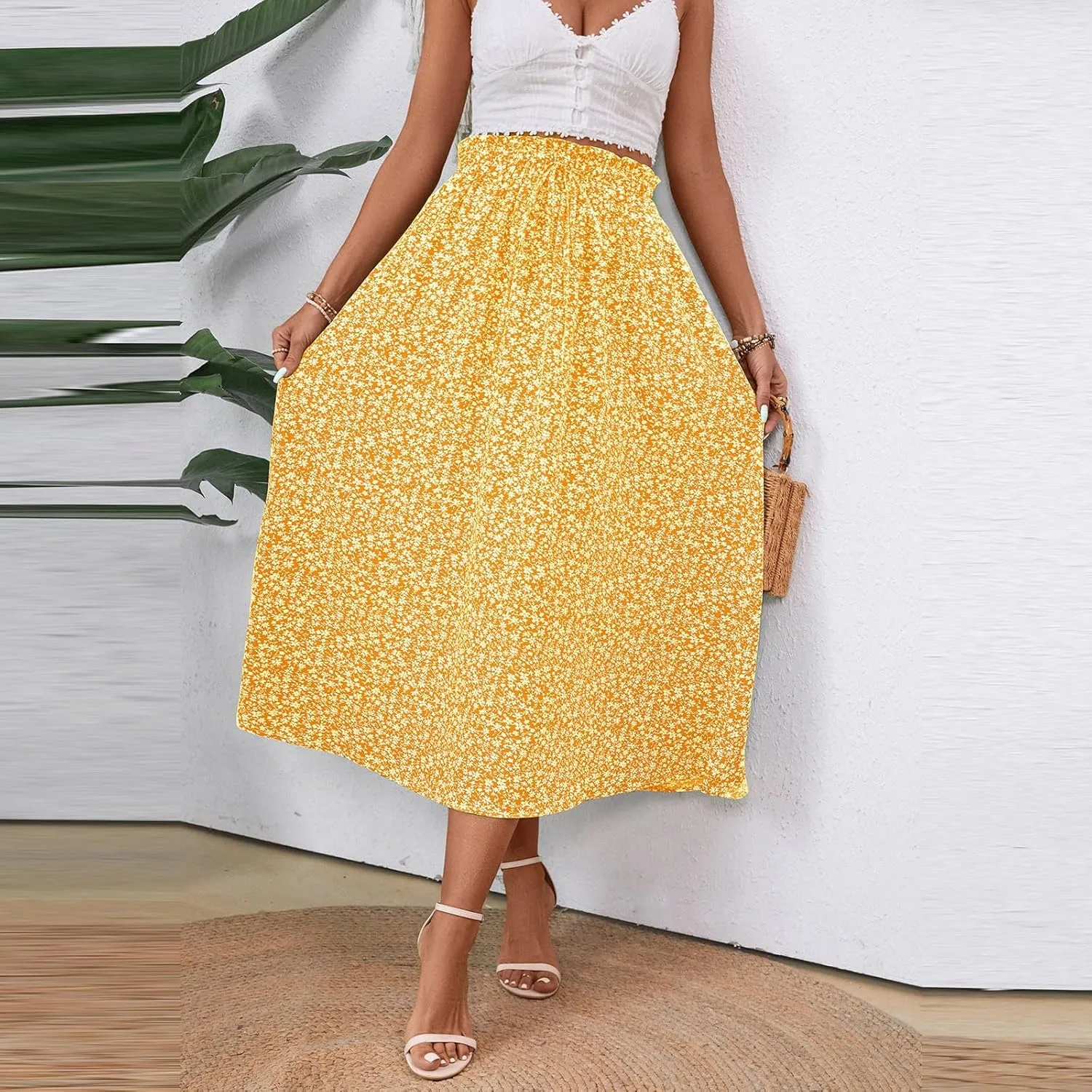 Linen Skirt for Women Summer Drawstring High Waisted Midi Skirt Smocked A Line Dressy Skirts Knee Length with Pockets