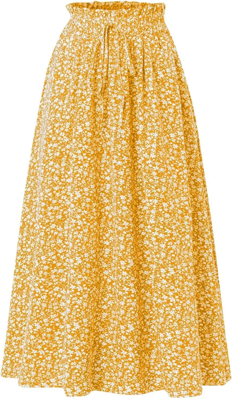 Linen Skirt for Women Summer Drawstring High Waisted Midi Skirt Smocked A Line Dressy Skirts Knee Length with Pockets
