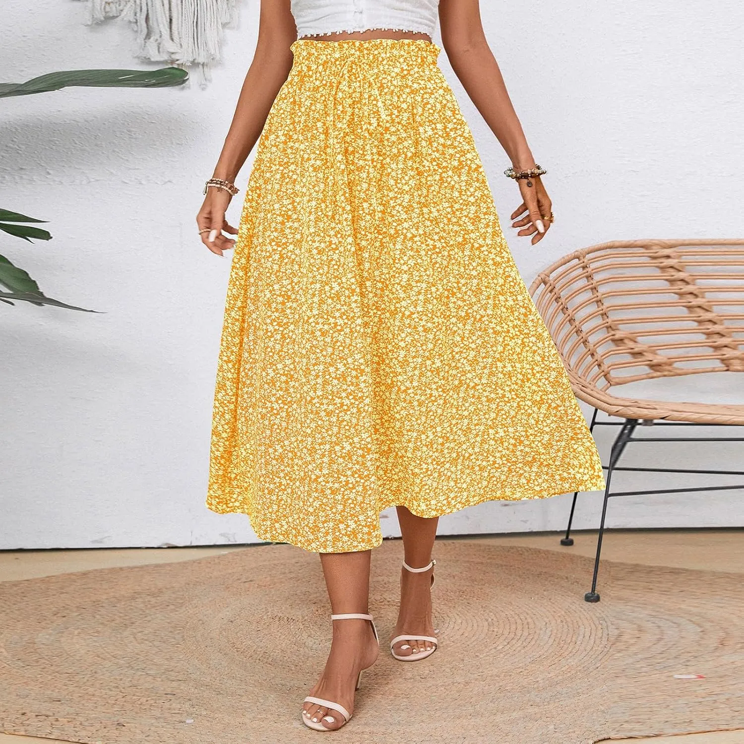 Linen Skirt for Women Summer Drawstring High Waisted Midi Skirt Smocked A Line Dressy Skirts Knee Length with Pockets