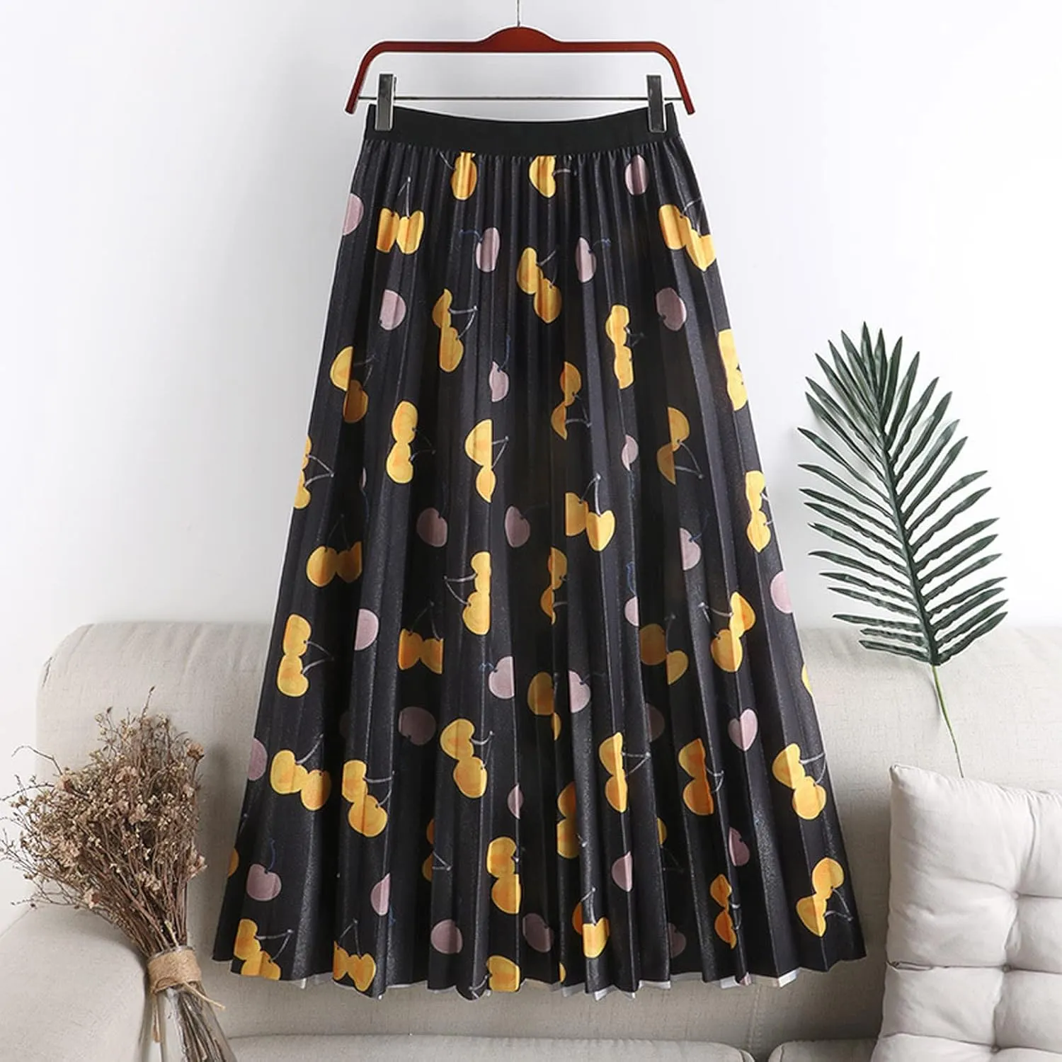 Long Skirt for Women Flared Pleated Maxi Skirts with Pockets Boho Floral Midi Skirt Elastic High Waisted Casual Skirt