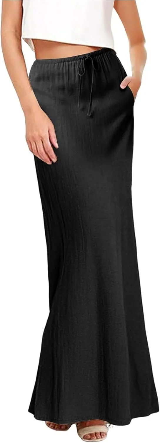 Long Skirts for Women Cotton Linen Boho Maxi Skirt Spring Summer Trendy Vacation Casual Flowy Drawstring Skirts